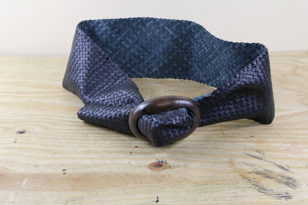 Vintage Salvatore Ferragamo Belt Small Medium Black Leather Basket Weave Boho